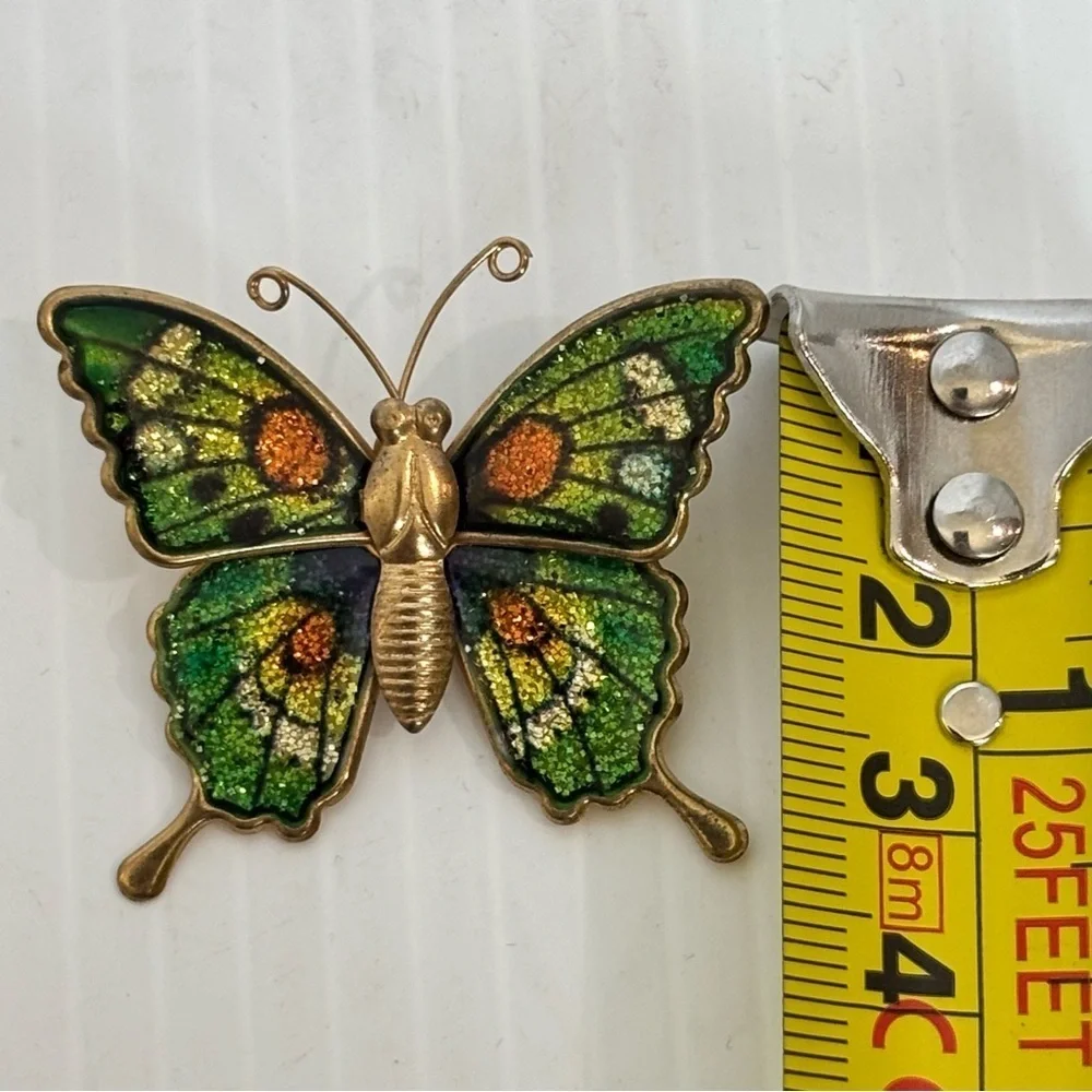 Vintage Glitter Sparkly Orange/Green Goldtone Enamel Metal Butterfly Brooch Pin